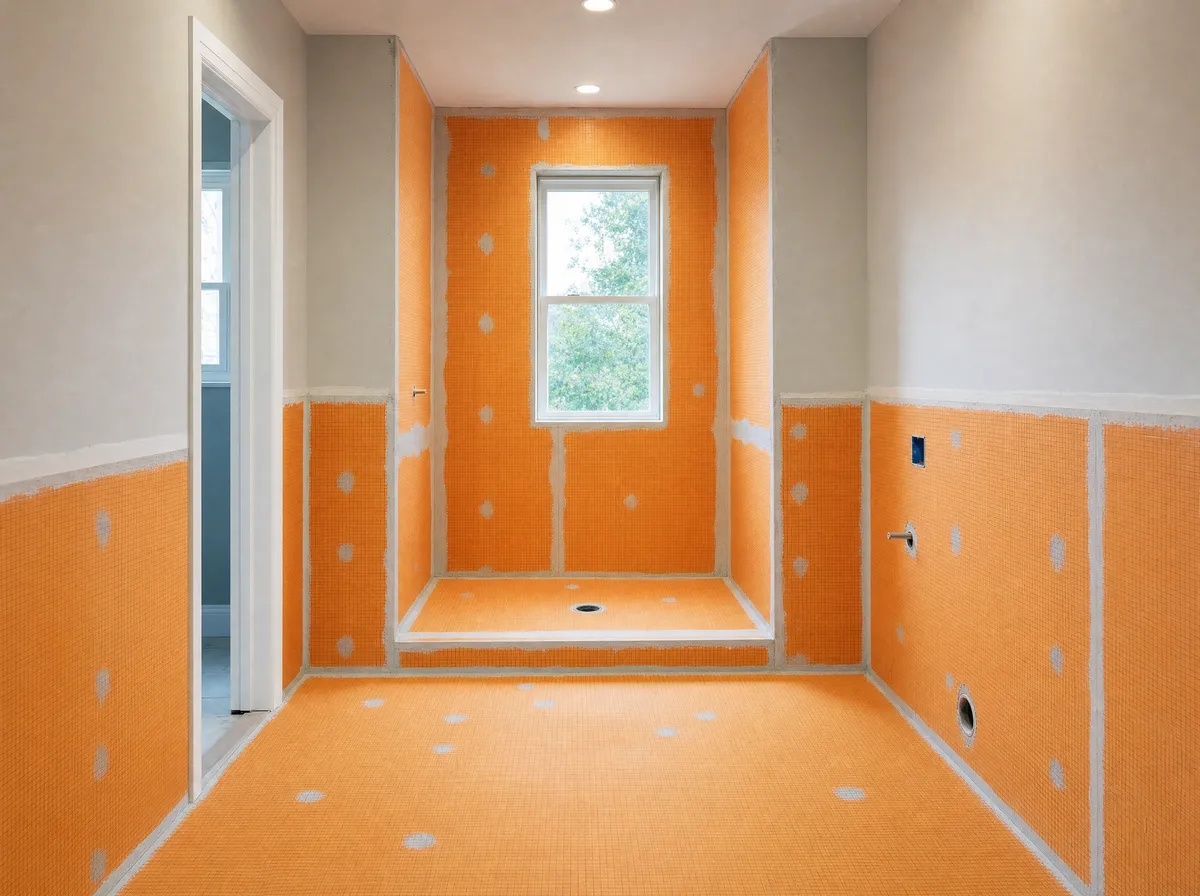 Illustration of the waterproofing stage: orange sheet membrane over the shower walls, curb and floor, the pan sloped to a central drain, before any tile goes on