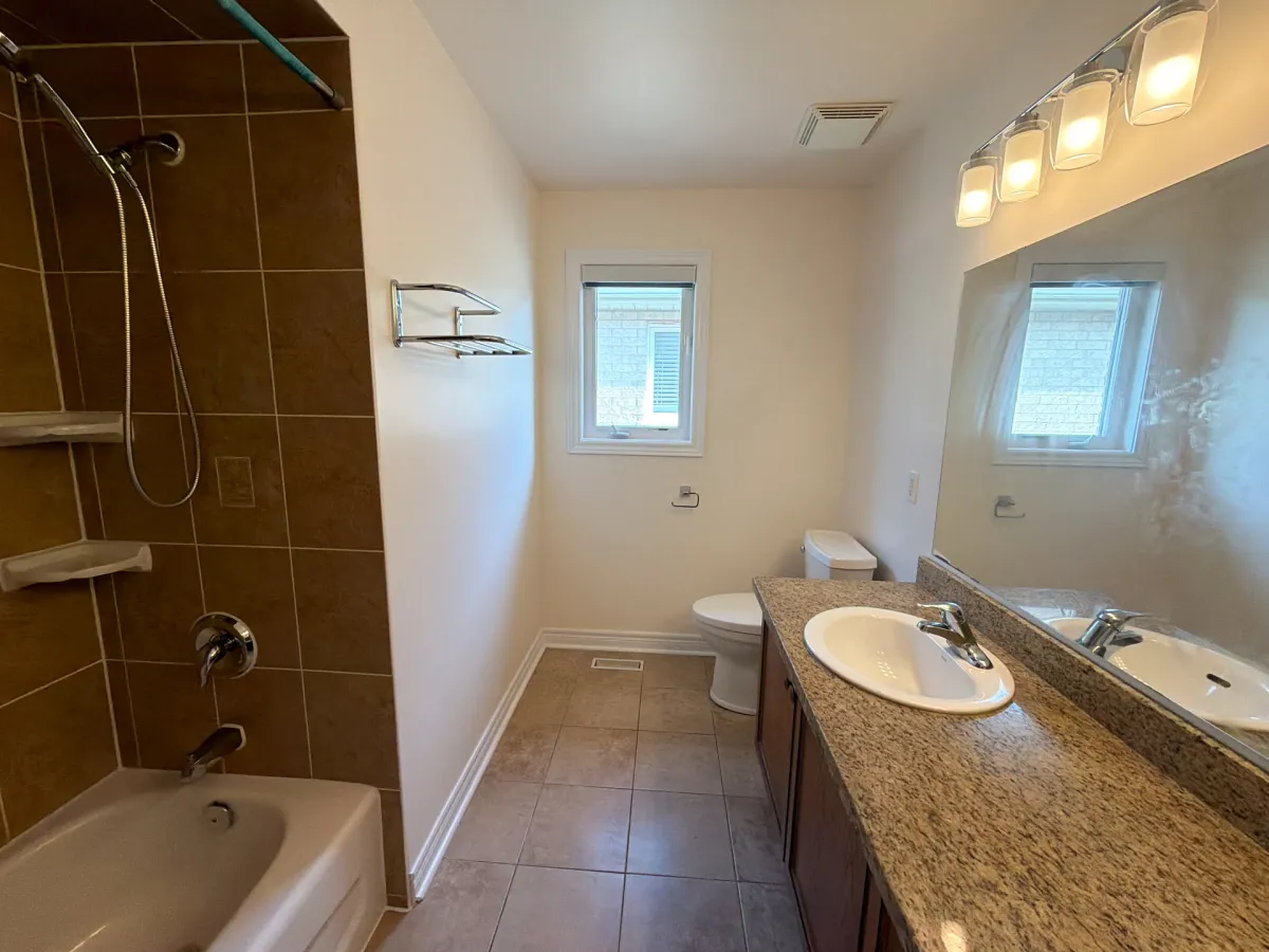 Before: a brown-tiled tub surround, a granite double-sink vanity and a wide plain mirror