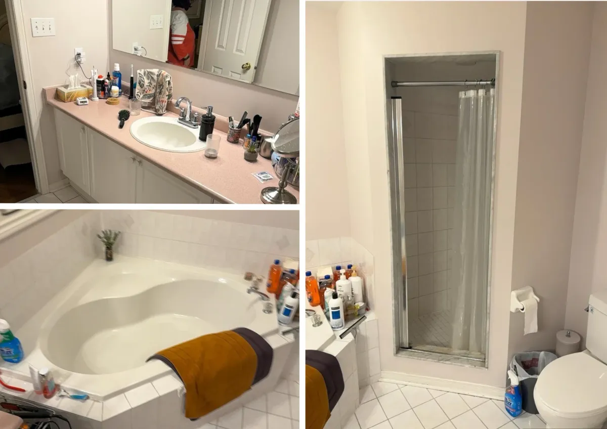 Before: a pink laminate counter, a pink corner soaker tub and a small stall behind a curtain