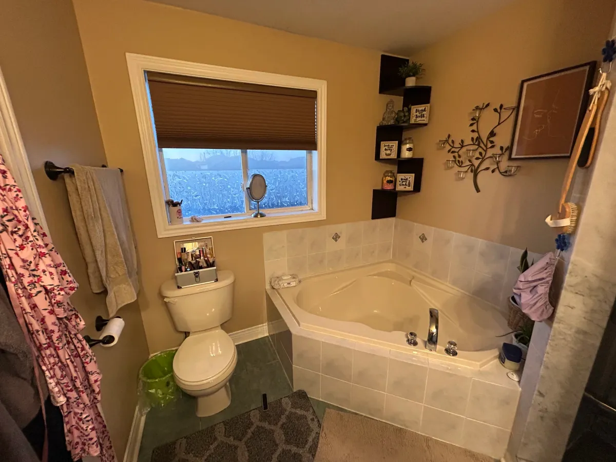 Before: a corner jet tub in a beige-tiled surround under the window, the old toilet and floral wall decals