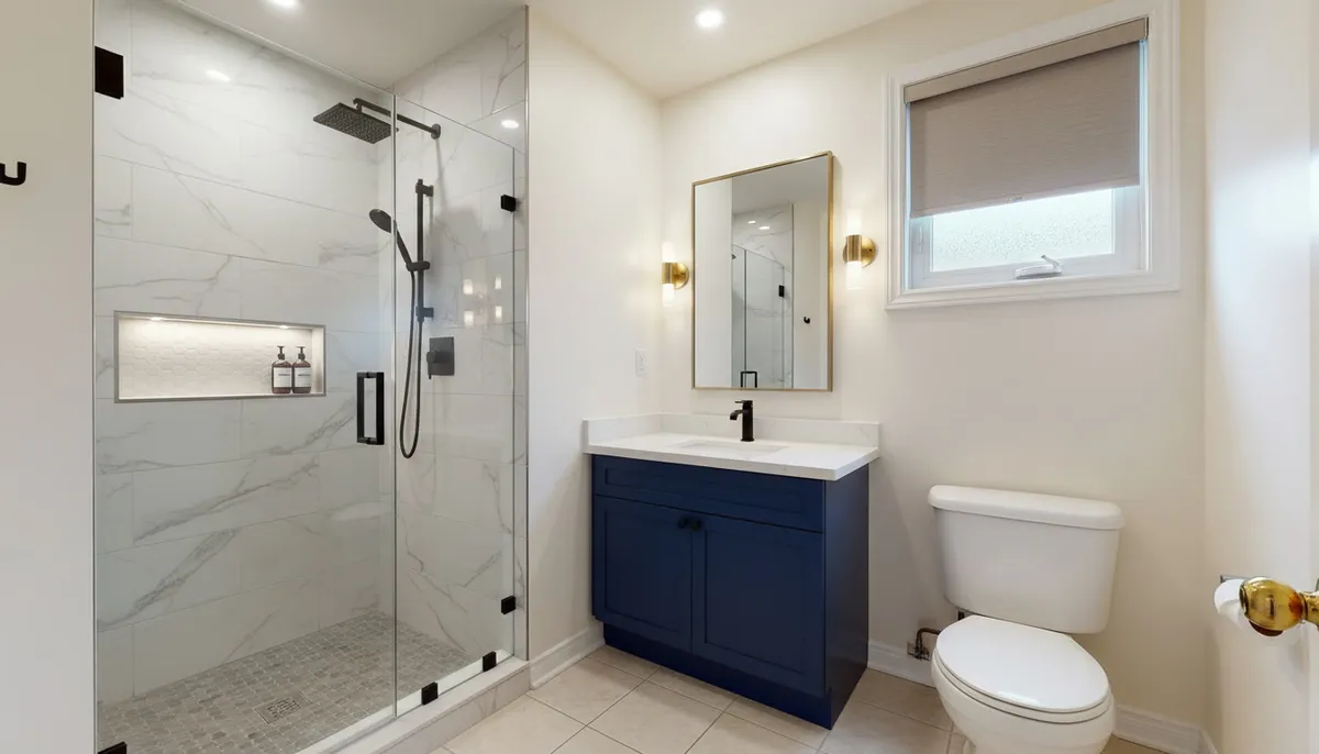After: a marble-look walk-in shower with a black-framed glass door and a lit niche, a navy shaker vanity with brass pulls and a black faucet