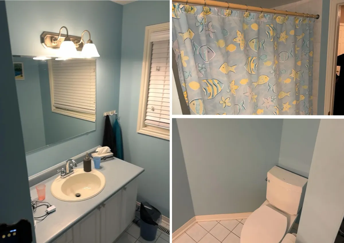 Before: powder-blue walls, a fish-print shower curtain over the tub, an almond drop-in sink under a strip light and the old toilet