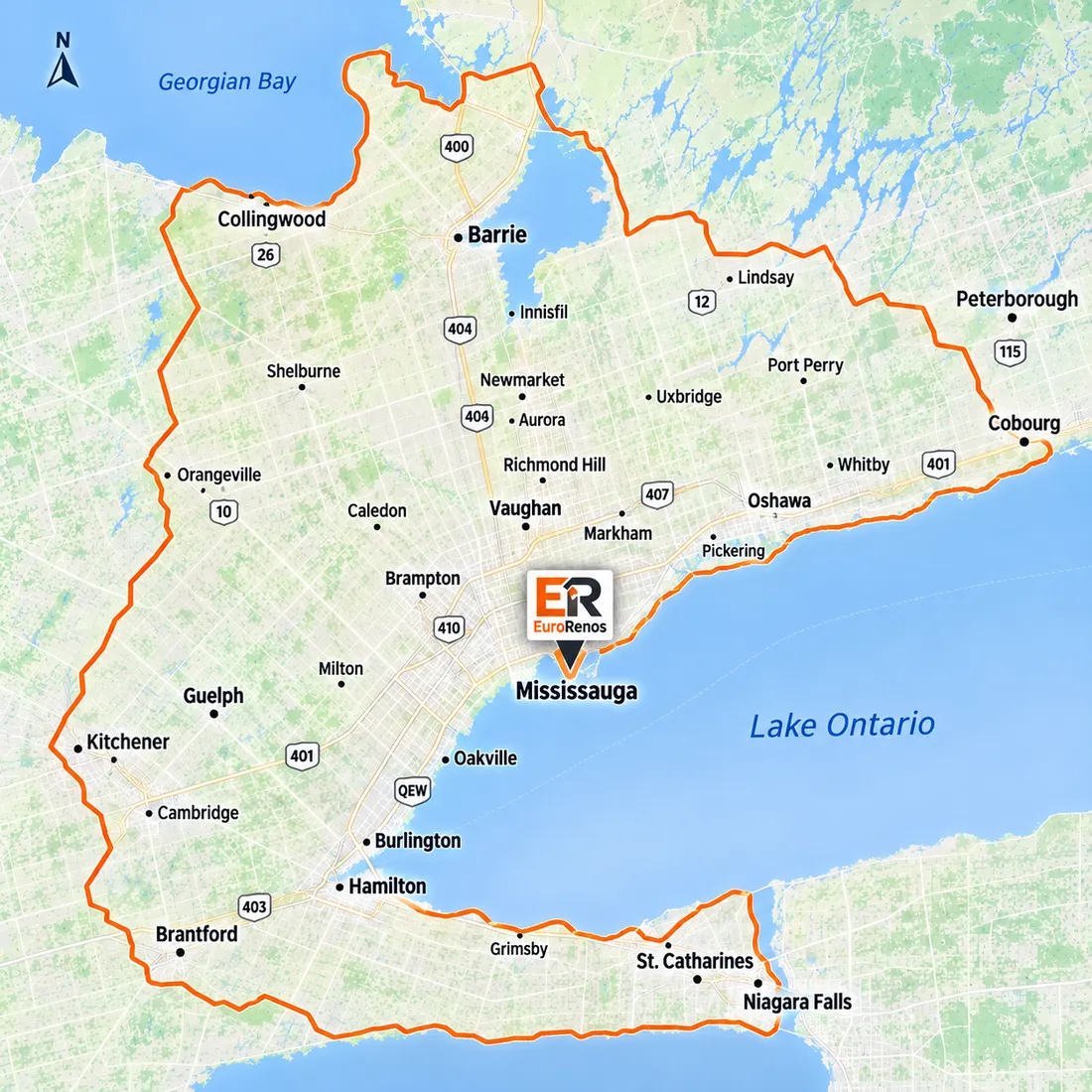 Map of the area Euro Renovations covers, marked from the Mississauga showroom: north to Collingwood, Barrie and Lindsay, east to Peterborough, Cobourg, Oshawa and Whitby, west to Guelph, Kitchener, Cambridge and Brantford, and south around Lake Ontario through Hamilton and St Catharines to Niagara Falls.