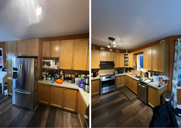 Dated oak kitchen with laminate counters