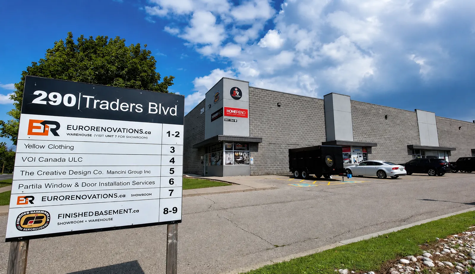 The tenant board at 290 Traders Blvd, Mississauga, listing EuroRenovations.ca — warehouse at units 1 to 2 and the showroom at unit 7 — with FinishedBasement.ca at units 8 and 9 of the same building
