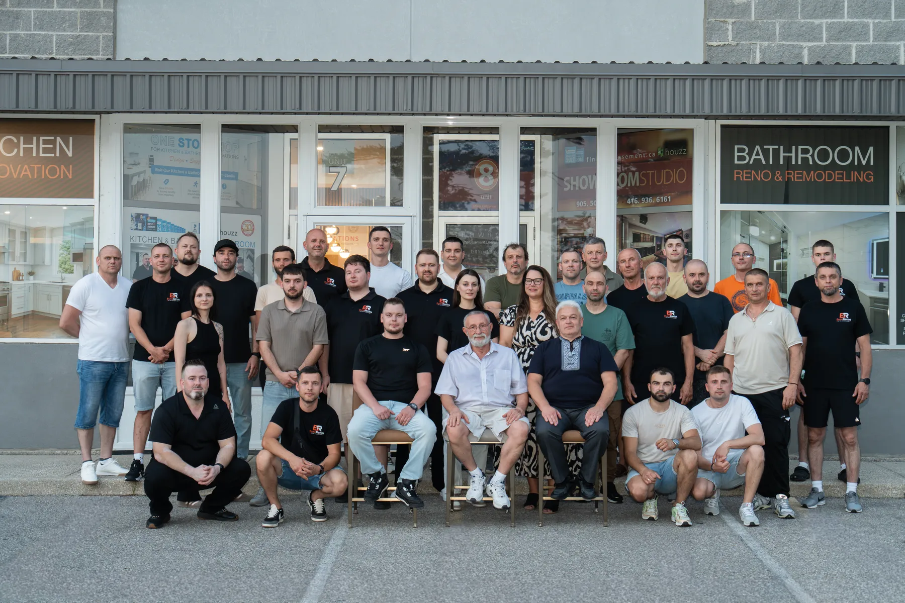 The EuroRenos team outside our Mississauga showroom — the designers, estimators and crews who will build your kitchen or bathroom.
